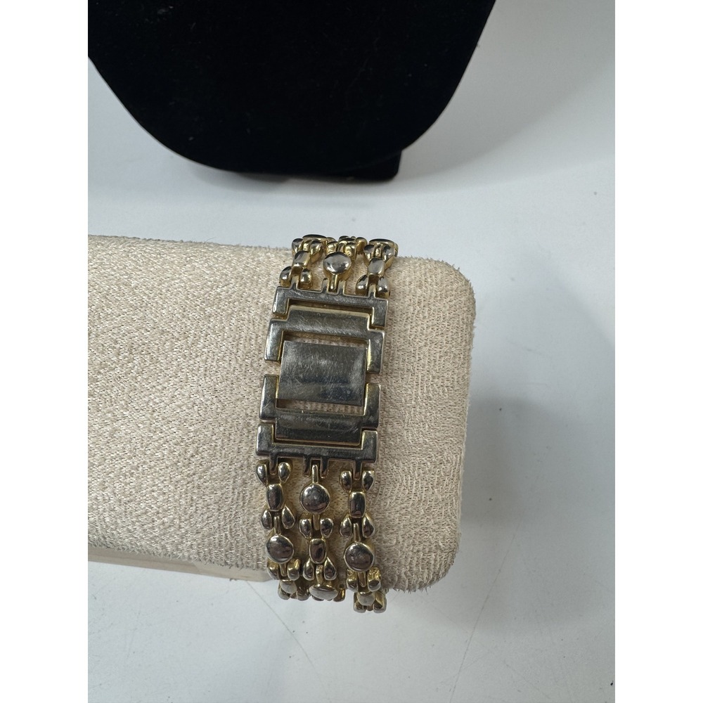 Two Tone Gold Silver Rhinestone Multi Strand Link Bracelet Fold Over Clasp